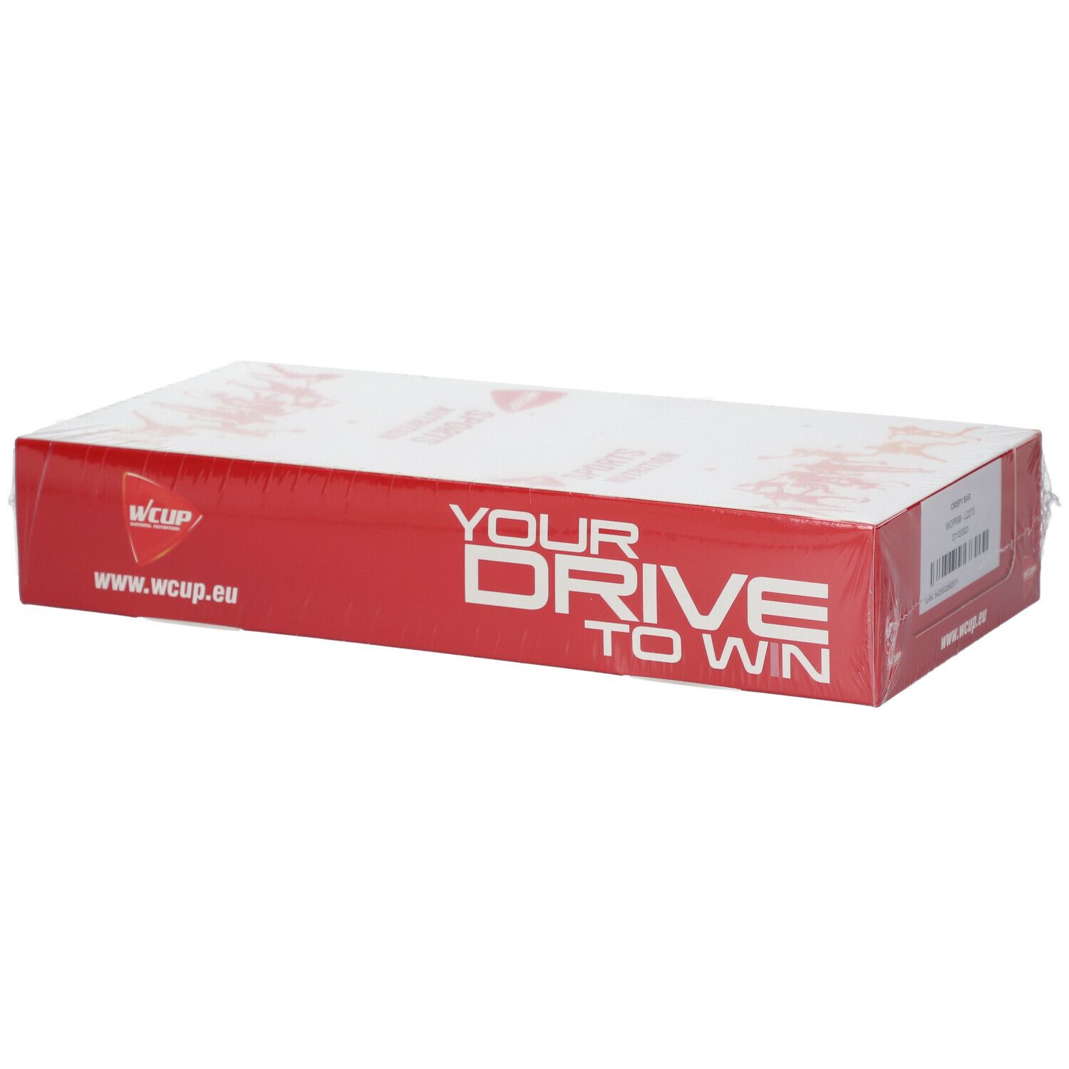 Emballage rouge et blanc, logo WCUP, texte 'YOUR DRIVE TO WIN', code-barres, informations produit.