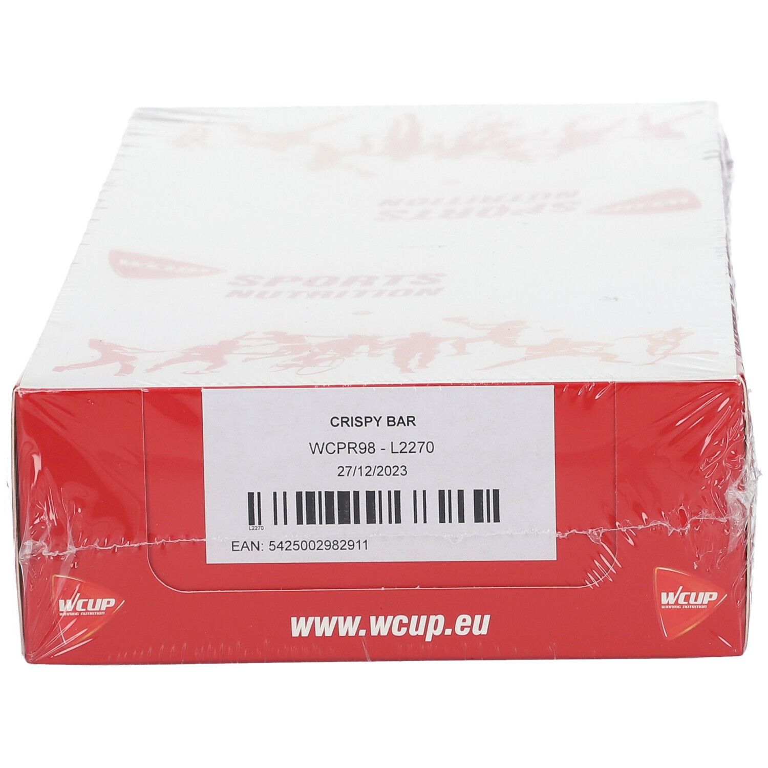 Emballage rouge et blanc, logo WCUP, code-barres, informations produit 'CRISPY BAR'.