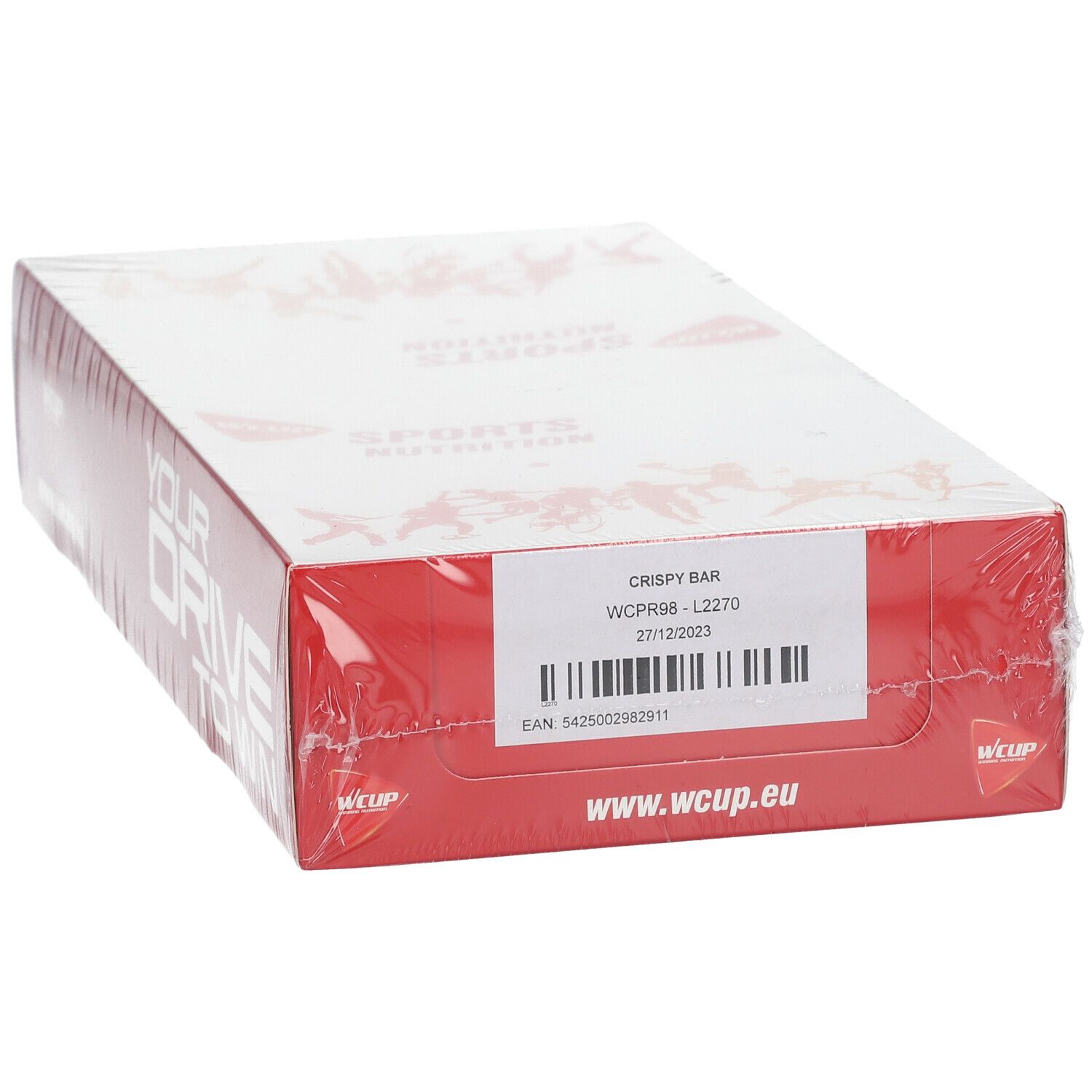 Emballage rouge et blanc, logo WCUP, code-barres, informations produit 'CRISPY BAR'.
