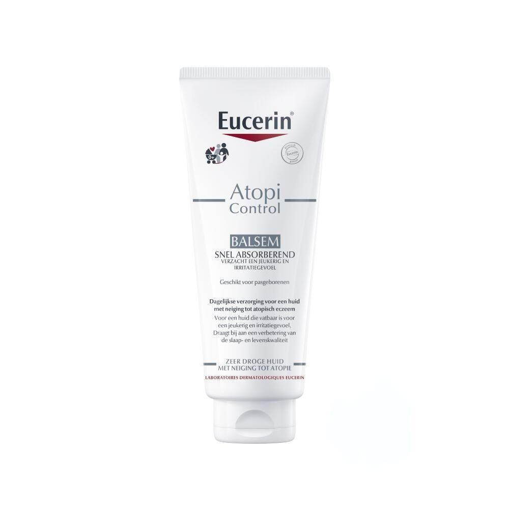 Eucerin AtopiControl Balsam tube. Wit, met product- en merknamen. Voor een zeer droge huid met neiging tot atopie.