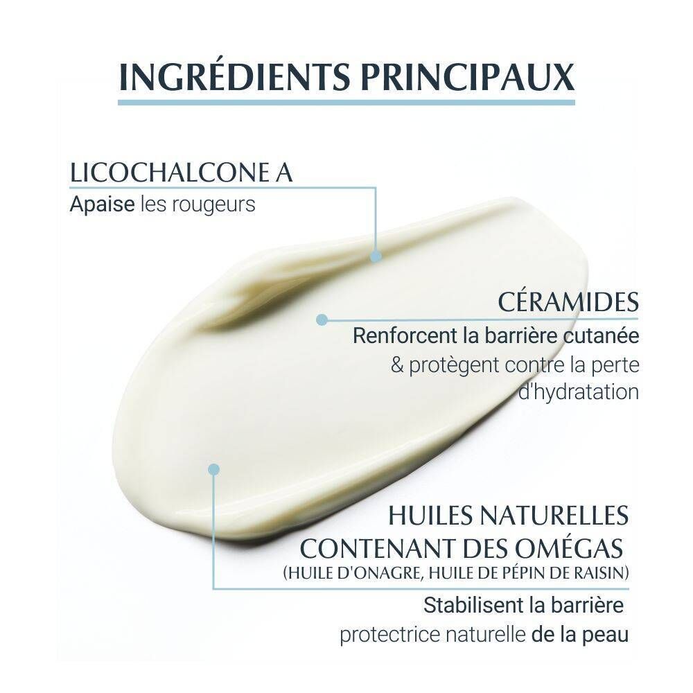 Gros plan de la crème. Ingrédients principaux : Licochalcone A, céramides, huiles oméga naturelles. Pour peau atopique.