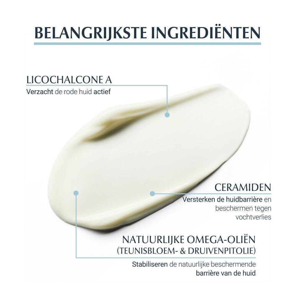 Close-up van crème. Belangrijkste ingrediënten: Licochalcone A, ceramiden, natuurlijke omega-oliën. Voor atopische huid.