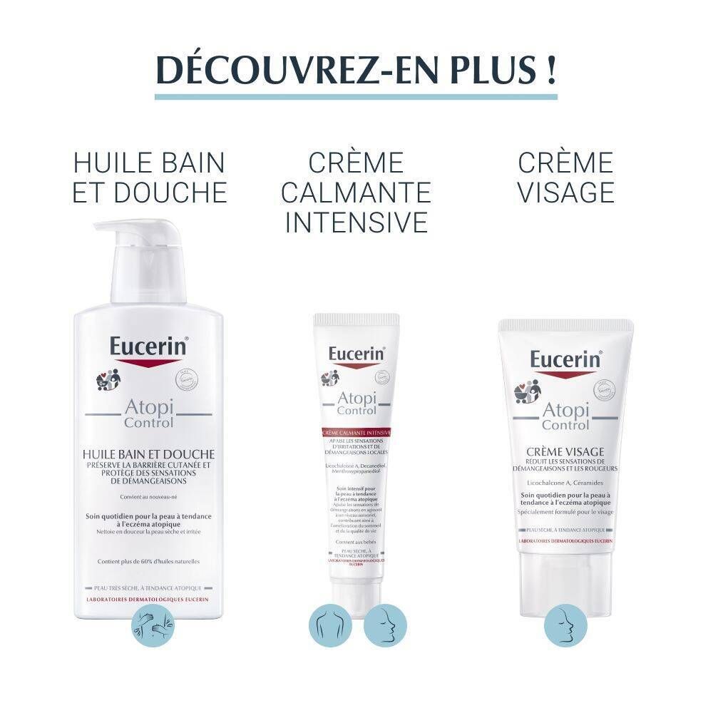 Gamme de produits Eucerin AtopiControl. Huile bain et douche, crème calmante intensive, crème visage. Pour peau atopique.