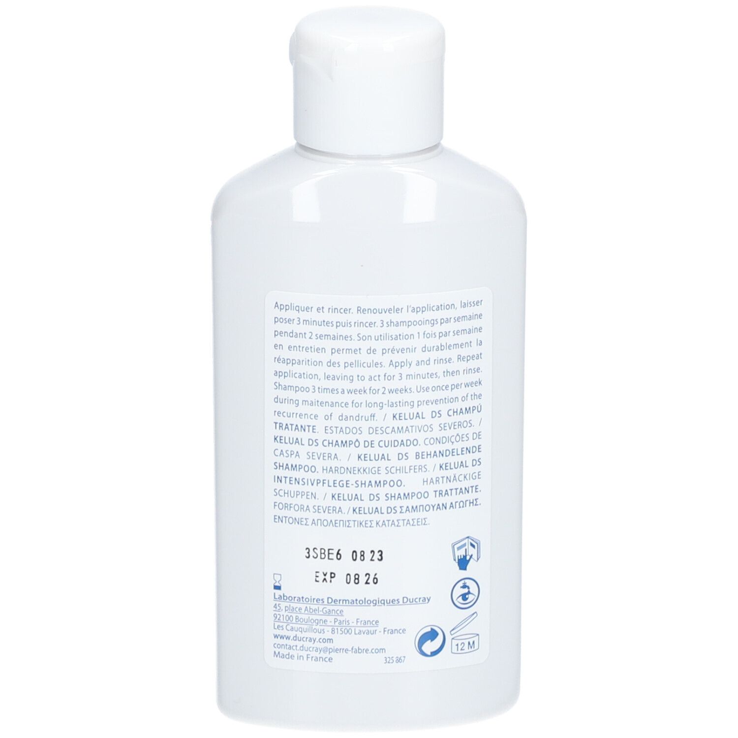 Rückseite der Shampoo-Flasche. Text: Anwendungshinweise, Inhaltsstoffe, Herstellerinformationen, Chargennummer, Haltbarkeitsdatum.