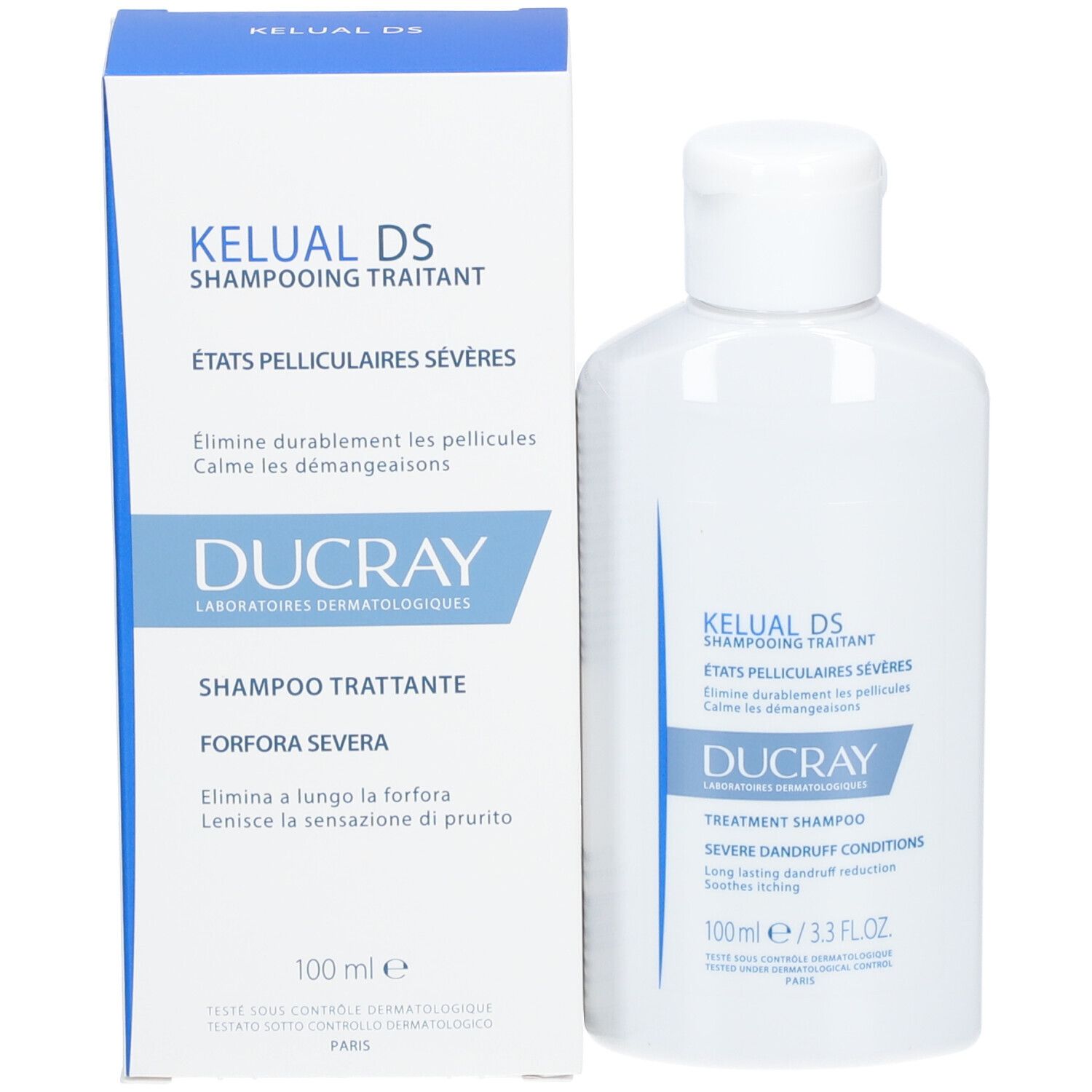 Shampoo-Flasche und Schachtel. Aufschrift: KELUAL DS, DUCRAY. Text: Behandlungsshampoo, schwere Schuppen, 100 ml.