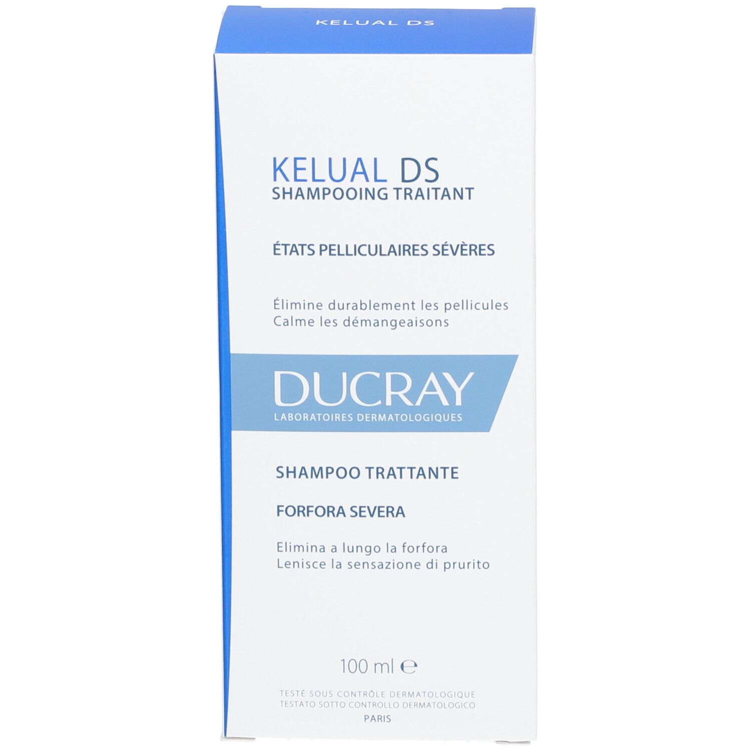 Schachtel mit Shampoo. Aufschrift: KELUAL DS, DUCRAY. Text: Behandlungsshampoo, schwere Schuppen, 100 ml.