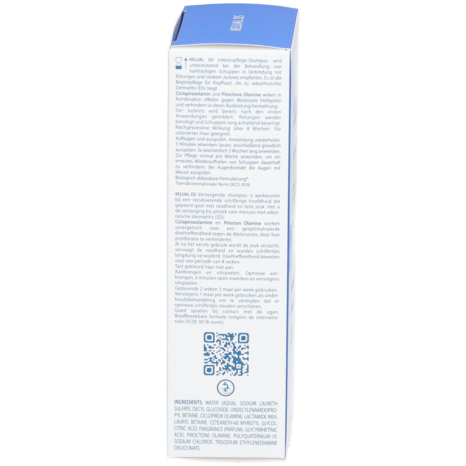 Seite der Shampoo-Schachtel. Text: Anwendungshinweise, Inhaltsstoffe, QR-Code, Herstellerinformationen.