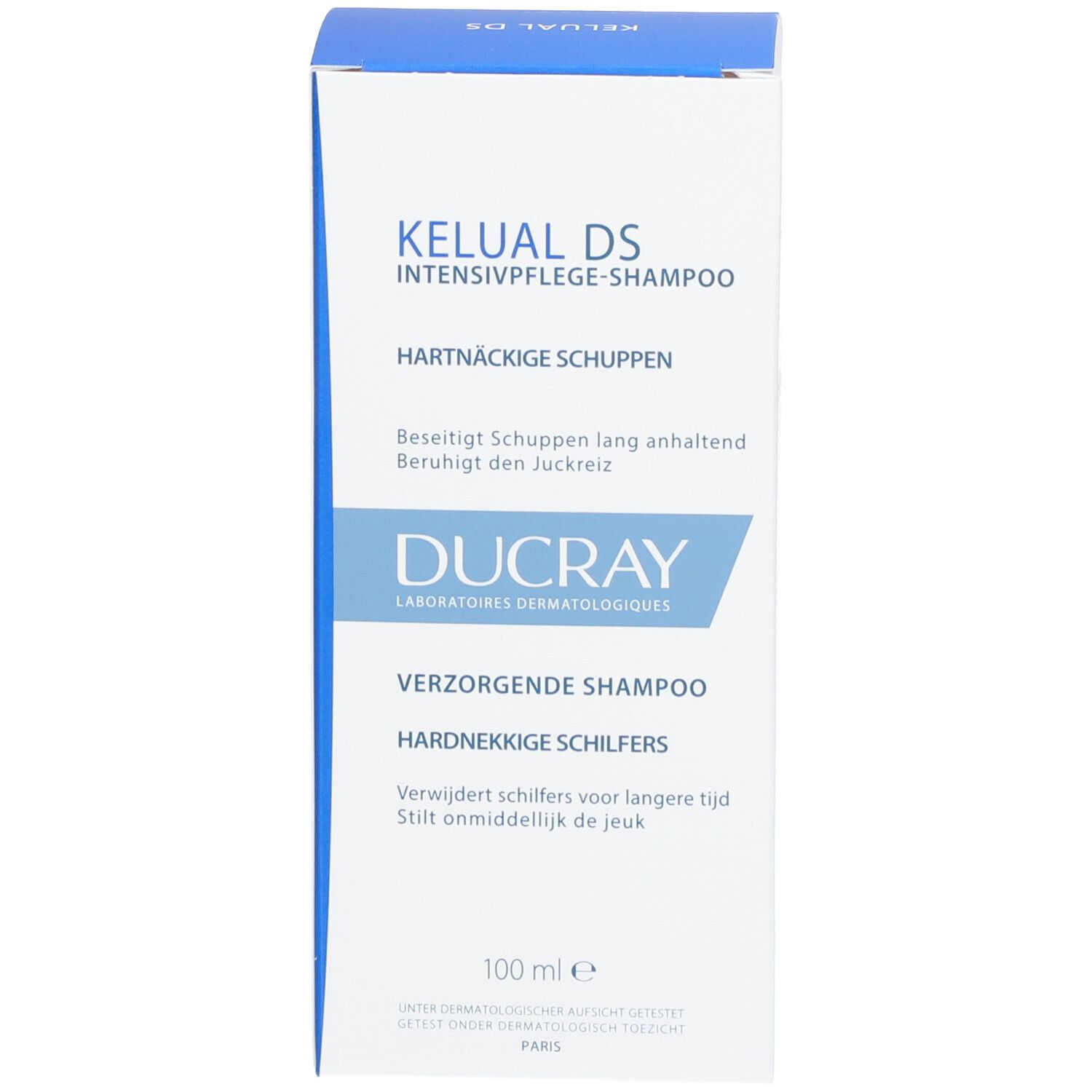 Seite der Shampoo-Schachtel. Aufschrift: KELUAL DS, DUCRAY. Text: Intensivpflege-Shampoo, hartnäckige Schuppen, 100 ml.