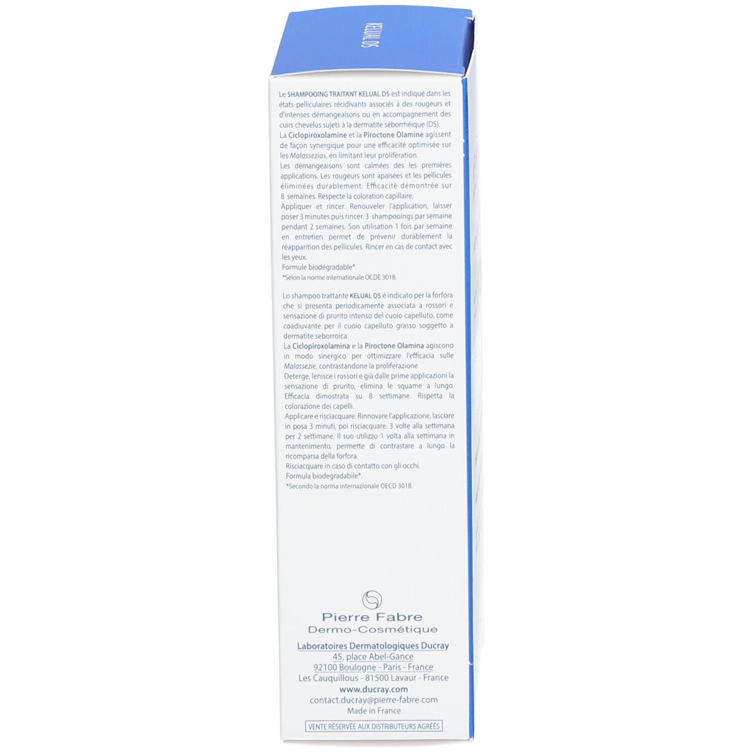 Seite der Shampoo-Schachtel. Text: Anwendungshinweise, Herstellerinformationen, Inhaltsstoffe.