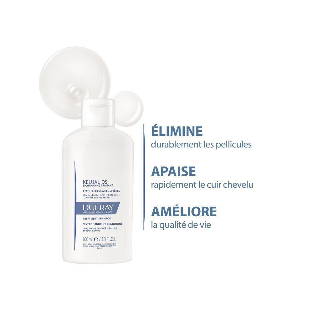 Flacon de shampooing et bulles. Texte: Élimine les pellicules, apaise le cuir chevelu, améliore la qualité de vie.