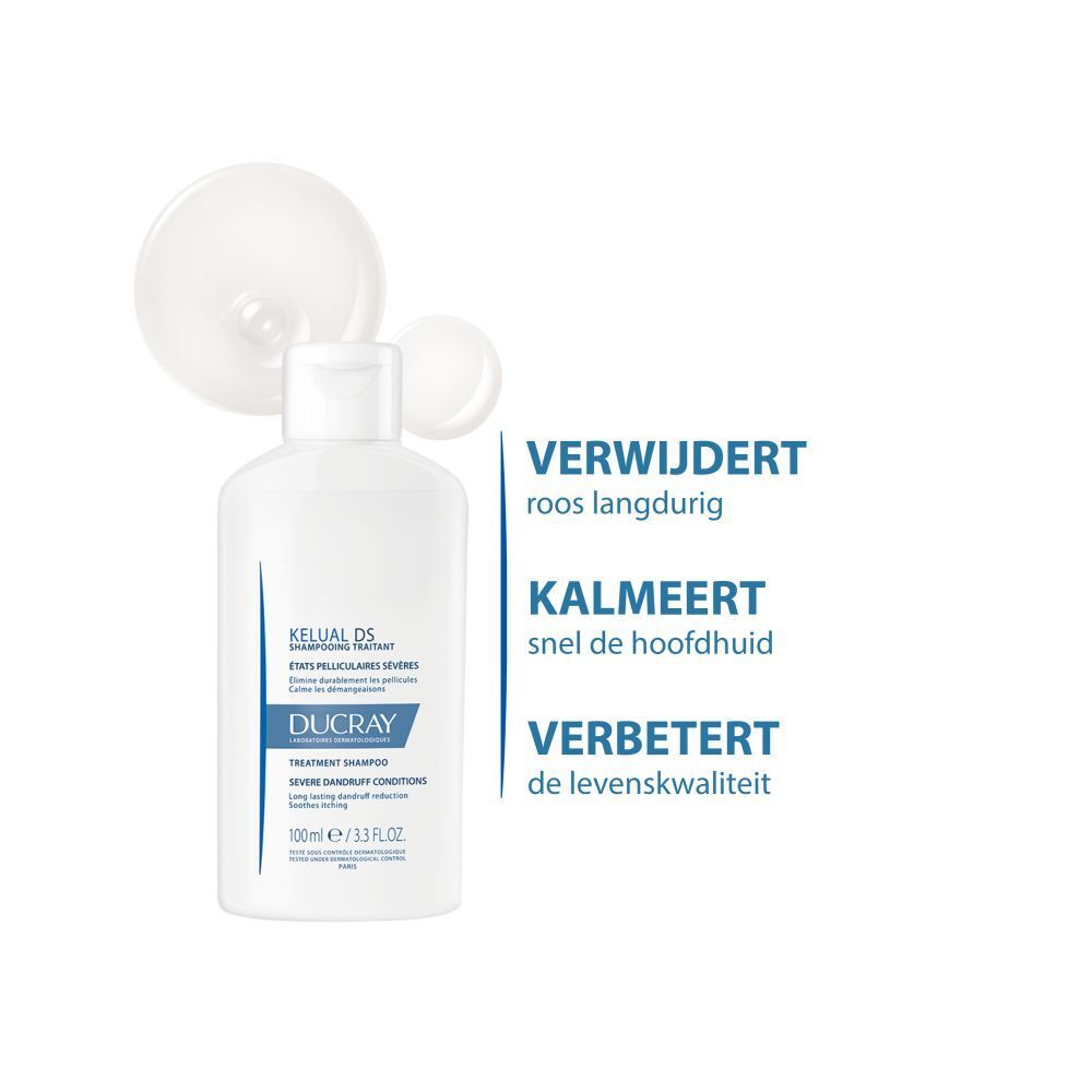 Shampoo fles en bellen. Tekst: Verwijdert roos, kalmeert de hoofdhuid, verbetert de levenskwaliteit.