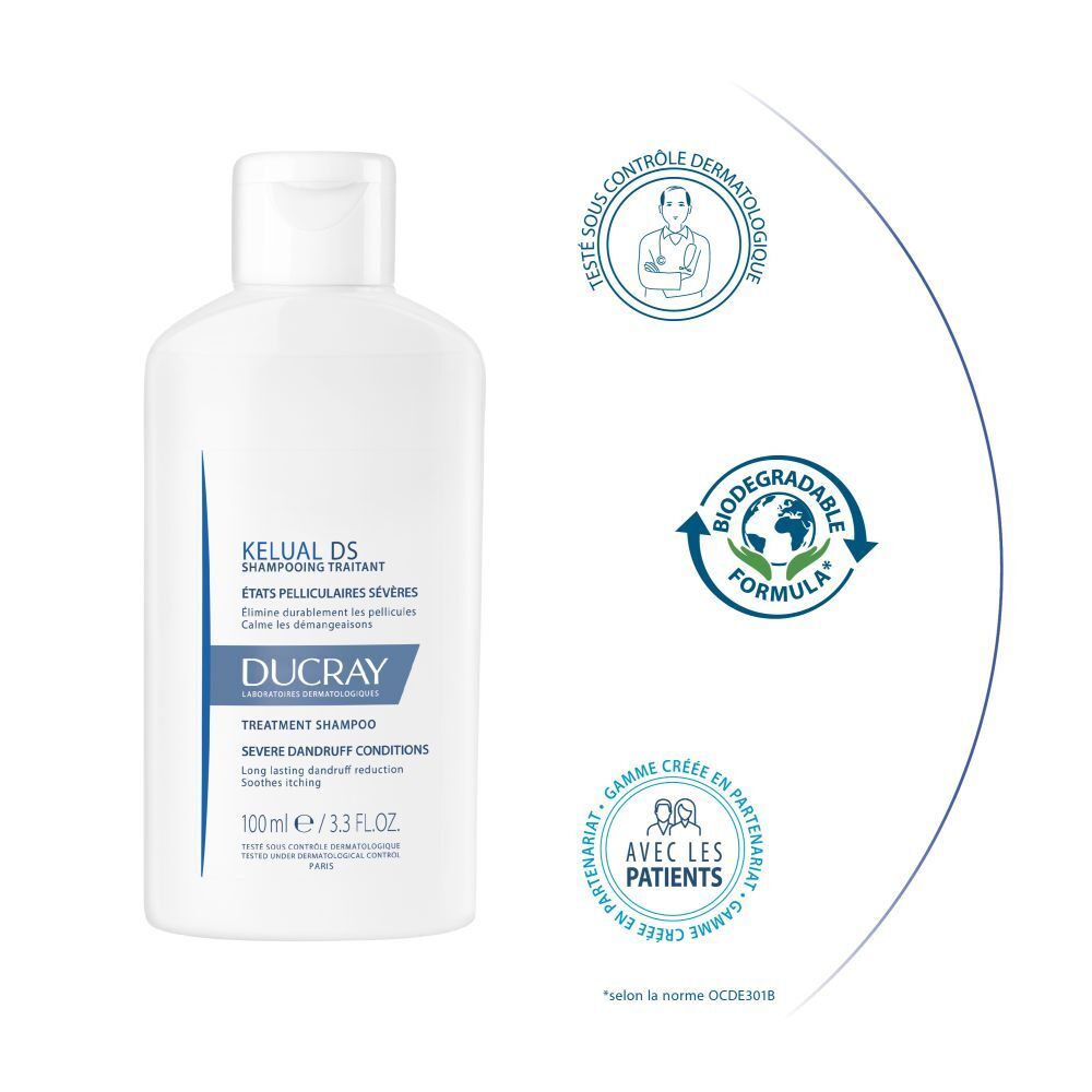 Flacon de shampooing et symboles. Texte: Testé dermatologiquement, formule biodégradable, créé avec les patients.