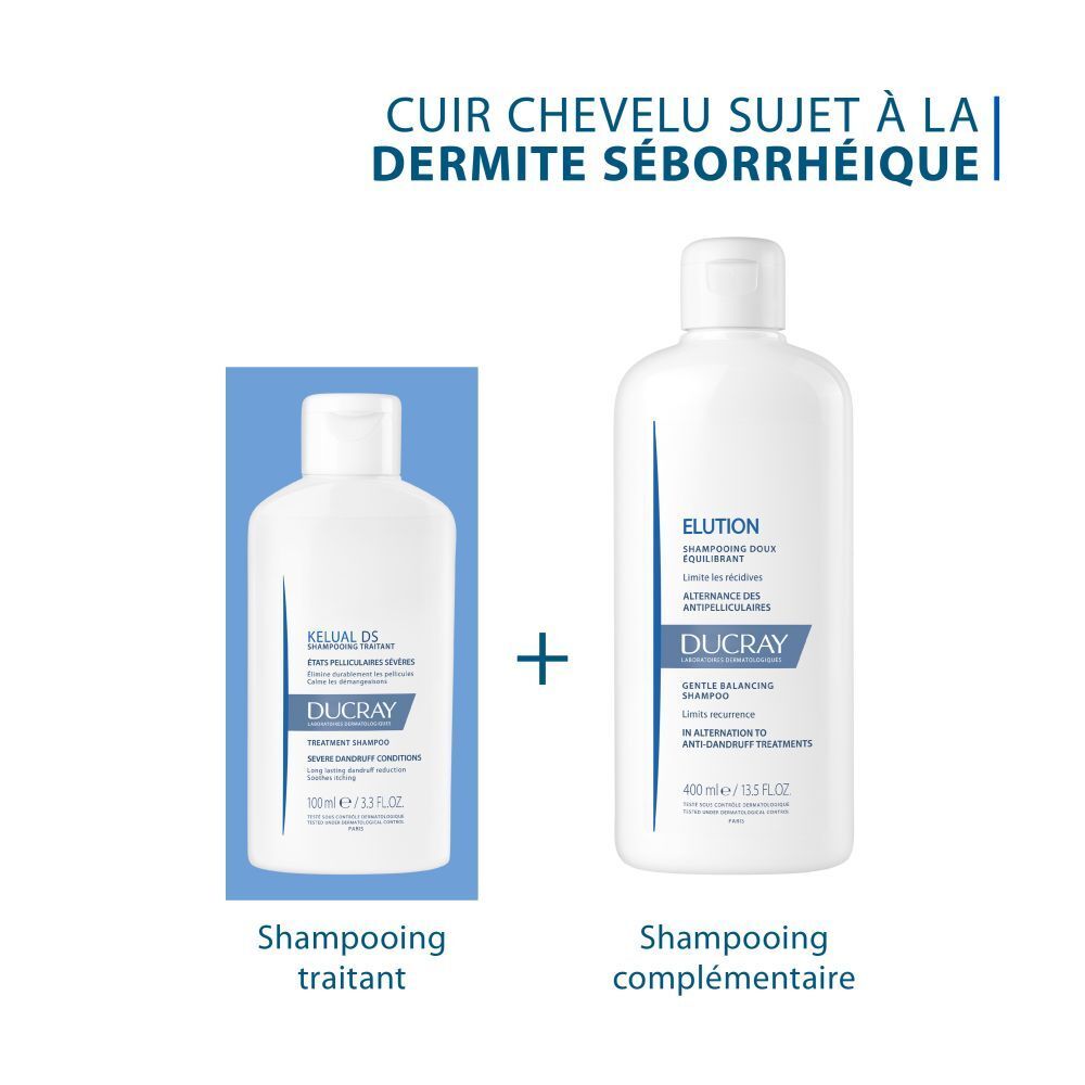 Deux flacons de shampooing. Texte: Cuir chevelu sujet à la dermite séborrhéique. Shampooing traitant + complémentaire.