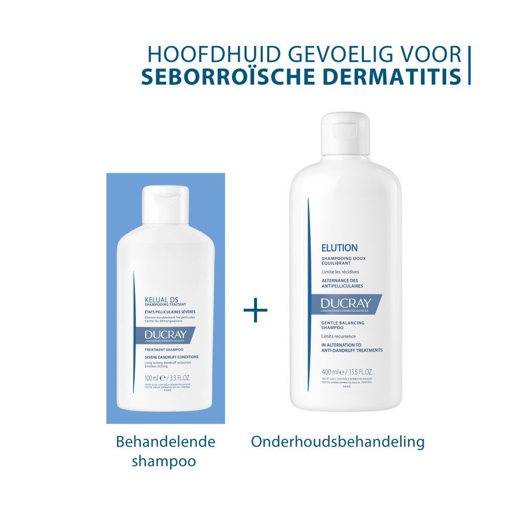Twee shampoo flessen. Tekst: Hoofdhuid gevoelig voor seborroïsche dermatitis. Behandelende shampoo + aanvullend.