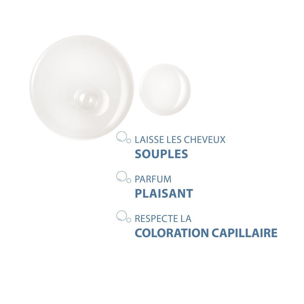 Bulles. Texte: Laisse les cheveux souples, parfum plaisant, respecte la coloration capillaire.