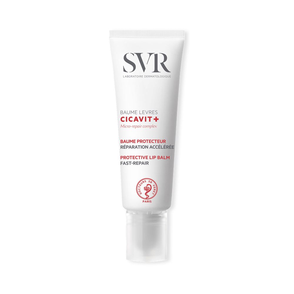 Tube blanc avec logo SVR et nom du produit. Contient un baume à lèvres. Fabriqué en France.