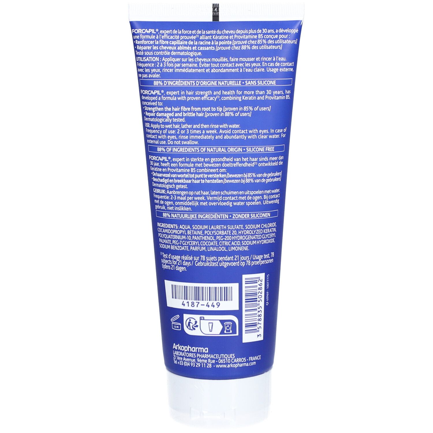 Dos du tube de shampooing. Texte sur les ingrédients, l'utilisation et le fabricant. Contient des informations sur les ingrédients et l'utilisation.