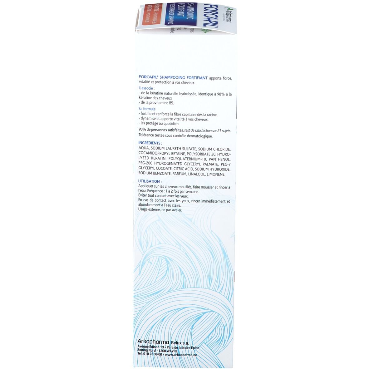 Côté de la boîte de shampooing. Texte sur les ingrédients et l'utilisation. Contient des informations sur les ingrédients et l'utilisation.