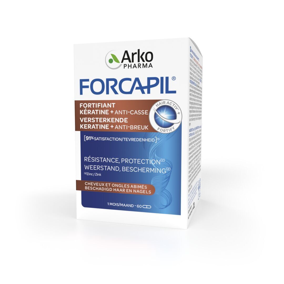 Productverpakking. Opschrift: Forcapil, Keratine + Anti-breuk. 60 capsules.