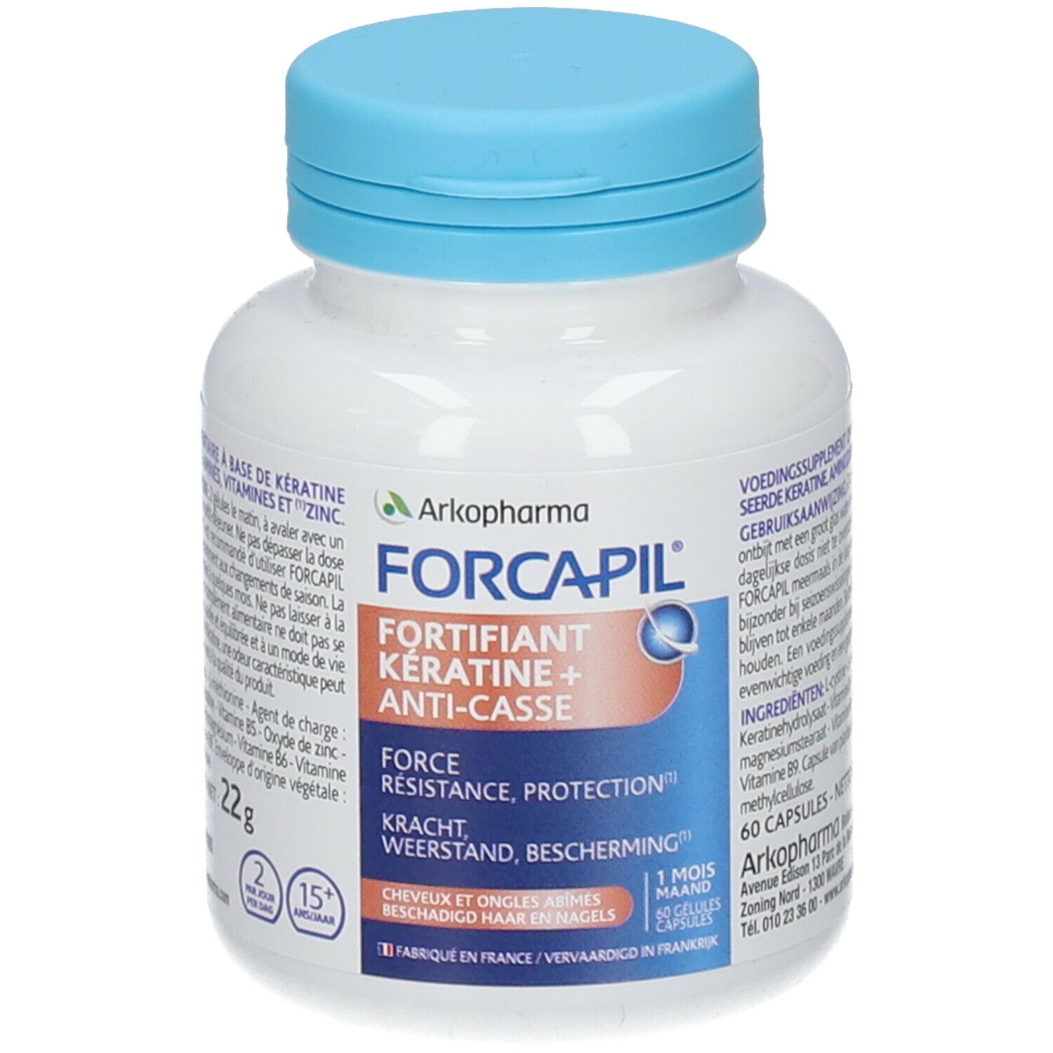 Witte fles met blauwe dop. Opschrift: Forcapil, Keratine + Anti-breuk. 60 capsules.