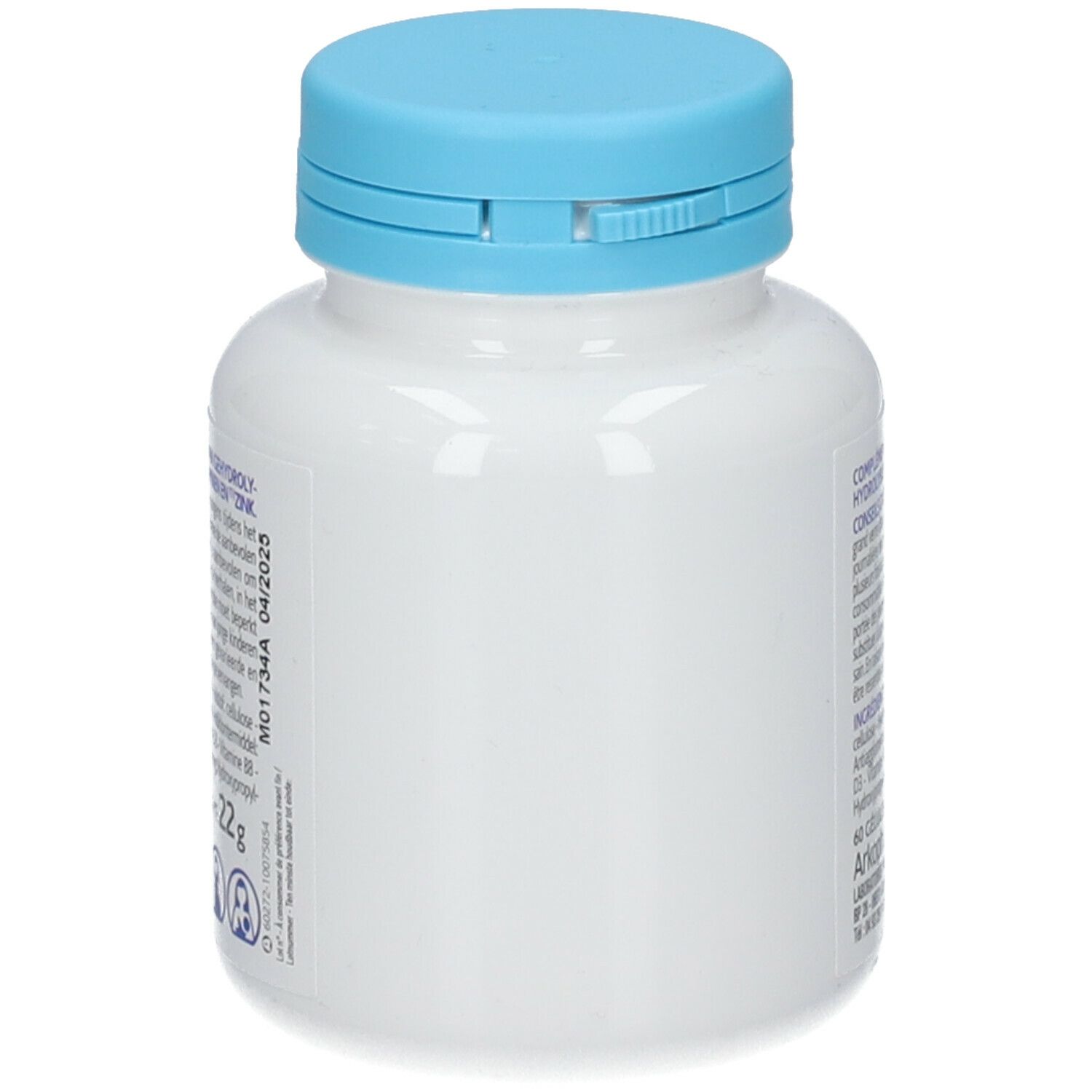 Witte fles met blauwe dop. Geen opschrift zichtbaar.