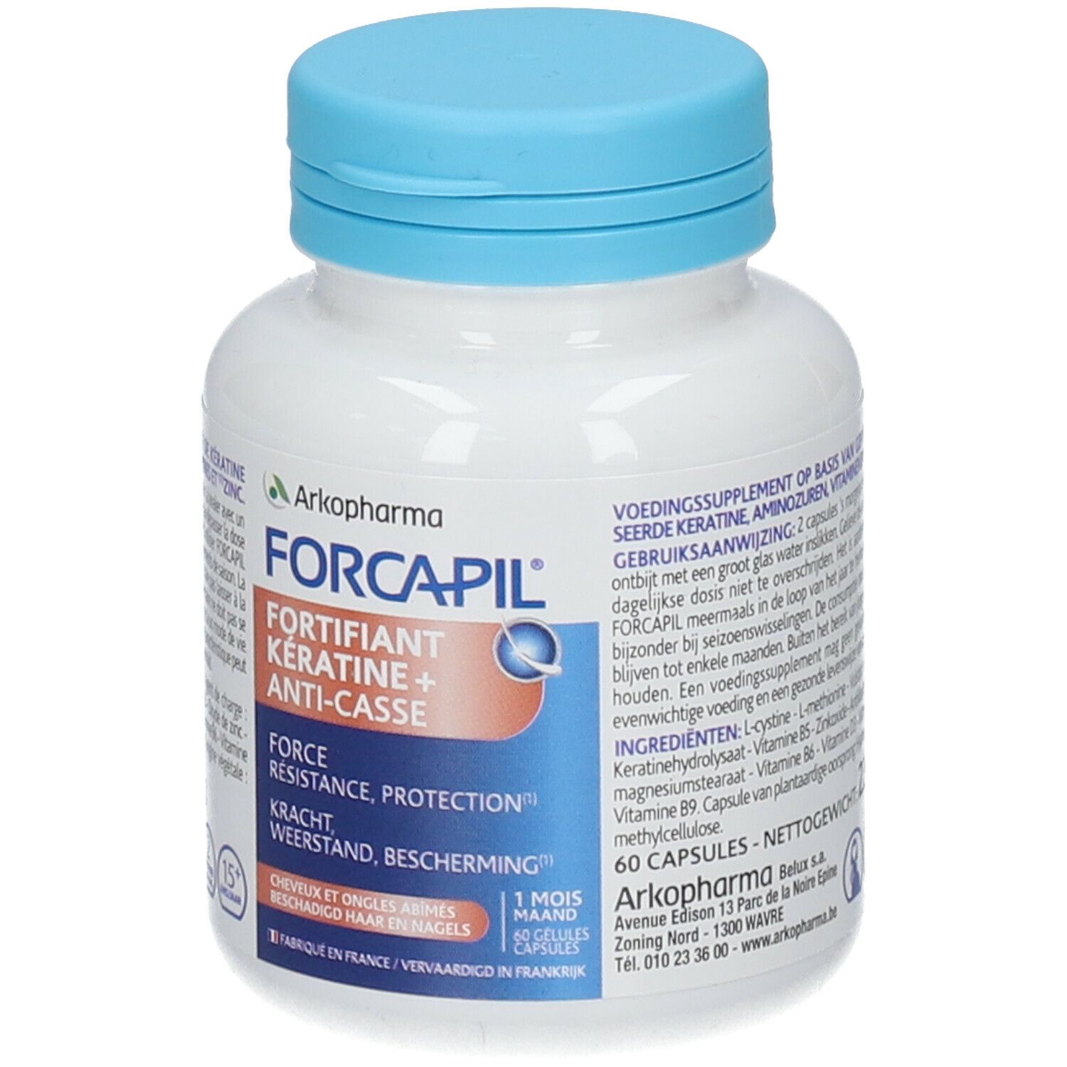 Witte fles met blauwe dop. Opschrift: Forcapil, Keratine + Anti-breuk. 60 capsules.
