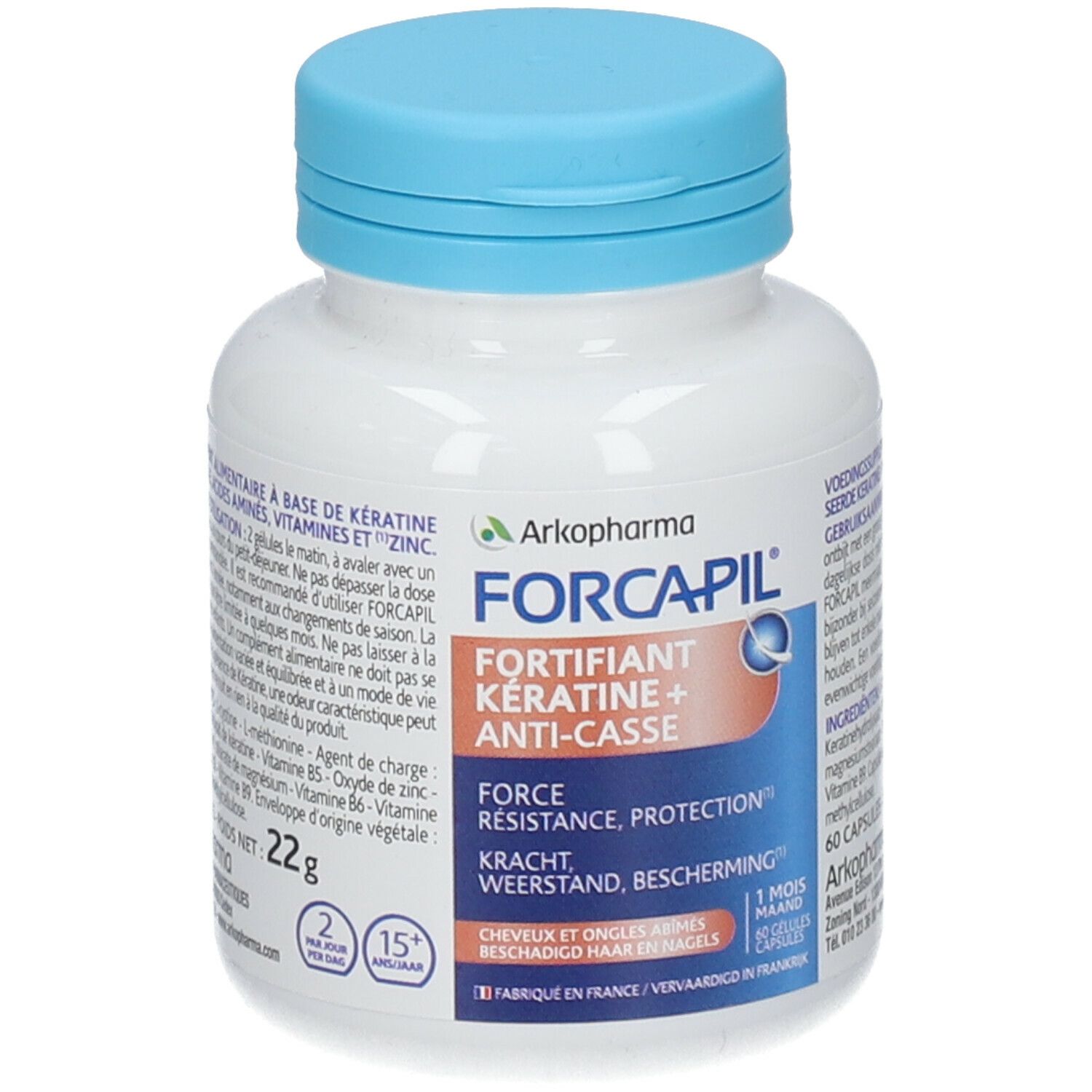 Witte fles met blauwe dop. Opschrift: Forcapil, Keratine + Anti-breuk. 60 capsules.