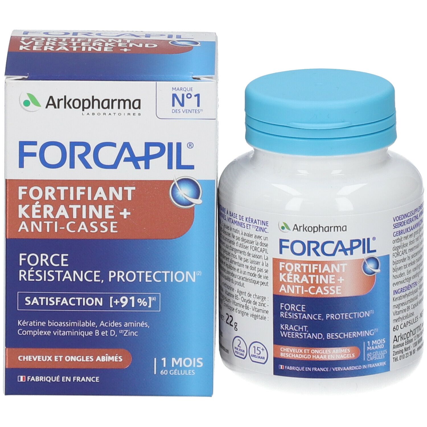Verpakking en fles. Opschrift: Forcapil, Keratine + Anti-breuk. 60 capsules.