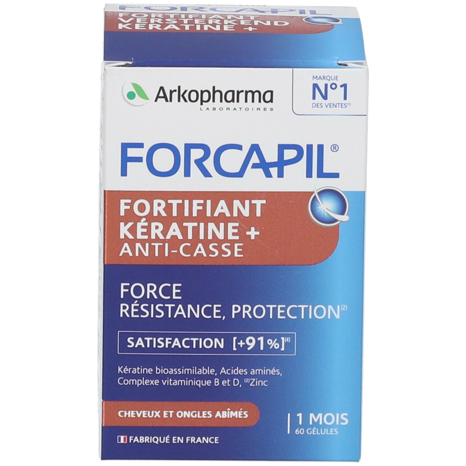 Productverpakking. Opschrift: Forcapil, Keratine + Anti-breuk. 60 capsules.