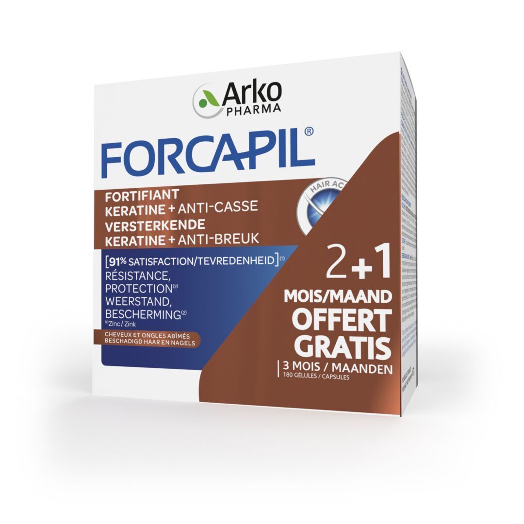 Forcapil-Schachtel mit Logo und Text. Aufschrift: Fortifiant Kératine + Anti-casse. 2+1 gratis.