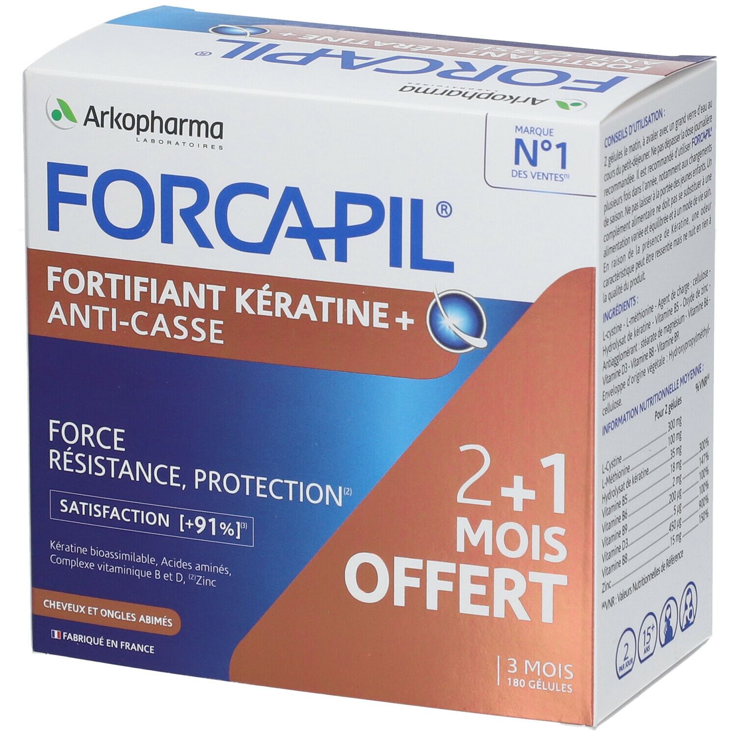 Schachtel mit Forcapil, Schriftzug und Logo. Aufschrift: Fortifiant Kératine + Anti-casse. 2+1 gratis.