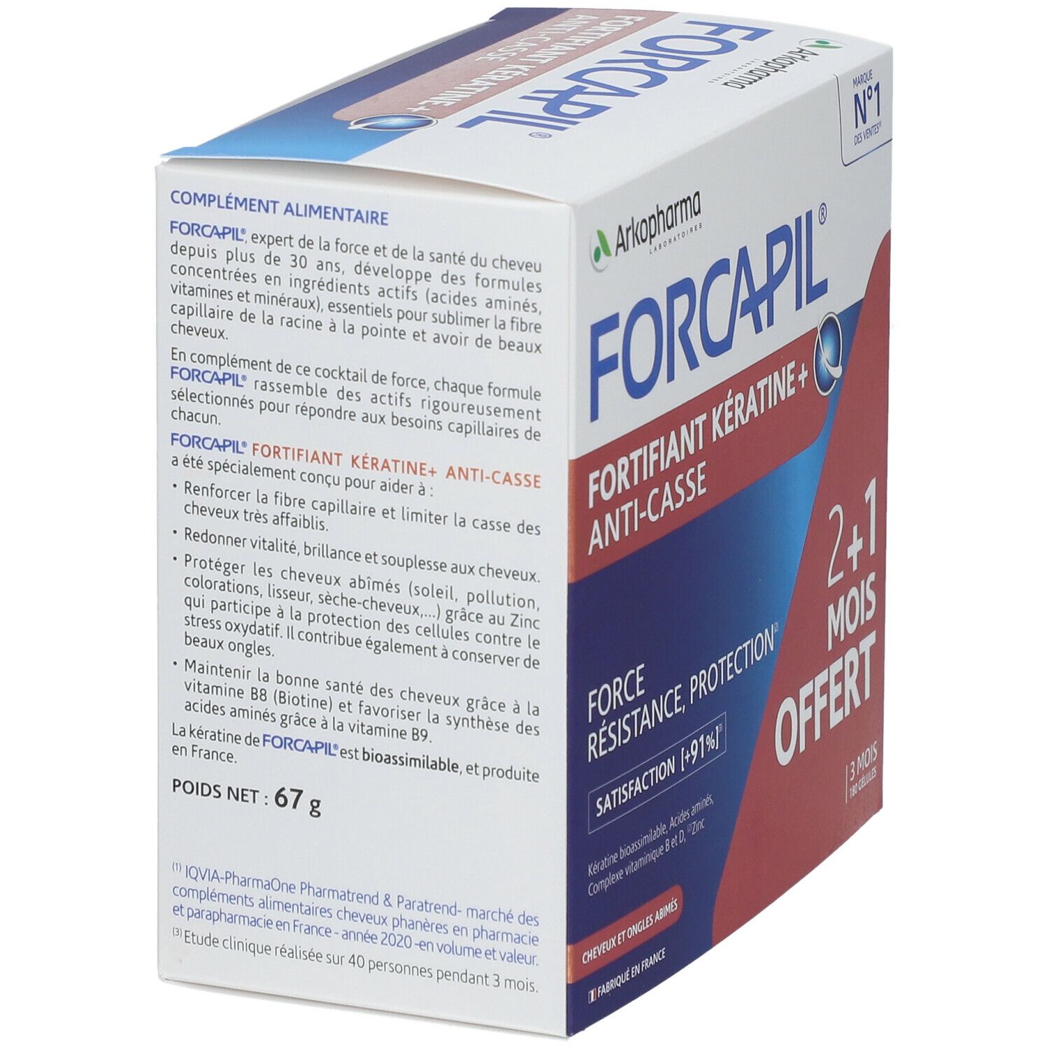 Schachtel Forcapil mit Text und Logo. Aufschrift: Fortifiant Kératine + Anti-casse. 67g.