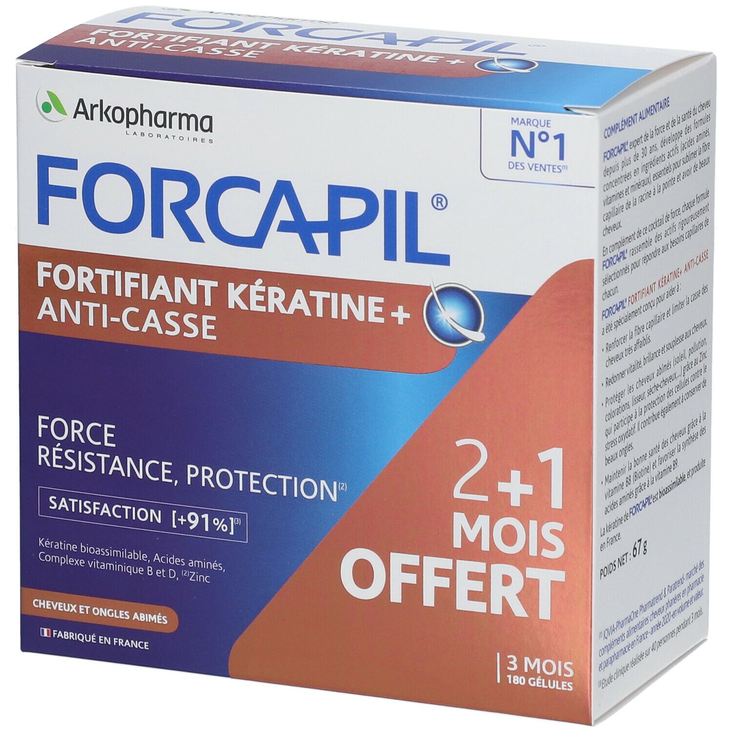 Schachtel Forcapil mit Logo und Text. Aufschrift: Fortifiant Kératine + Anti-casse. 2+1 gratis.