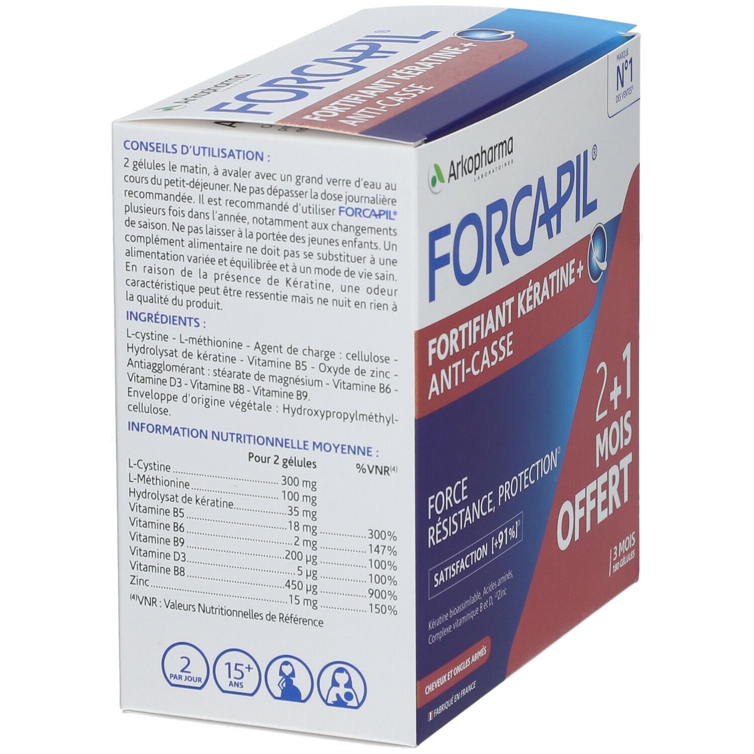 Schachtel Forcapil mit Text und Logo. Aufschrift: Fortifiant Kératine + Anti-casse. Inhaltsstoffe und Nährwertangaben.