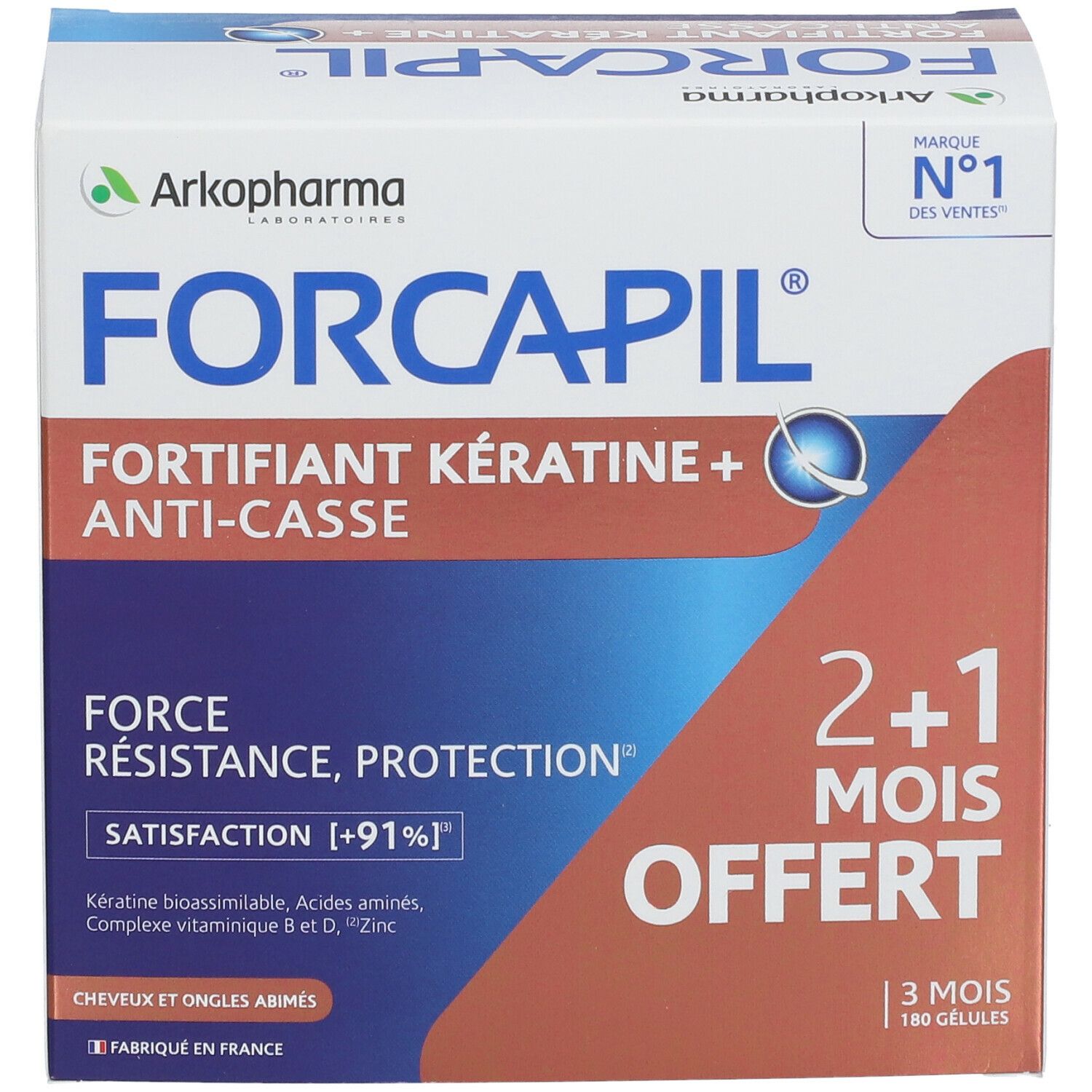 Schachtel Forcapil mit Logo und Text. Aufschrift: Fortifiant Kératine + Anti-casse. 2+1 gratis.