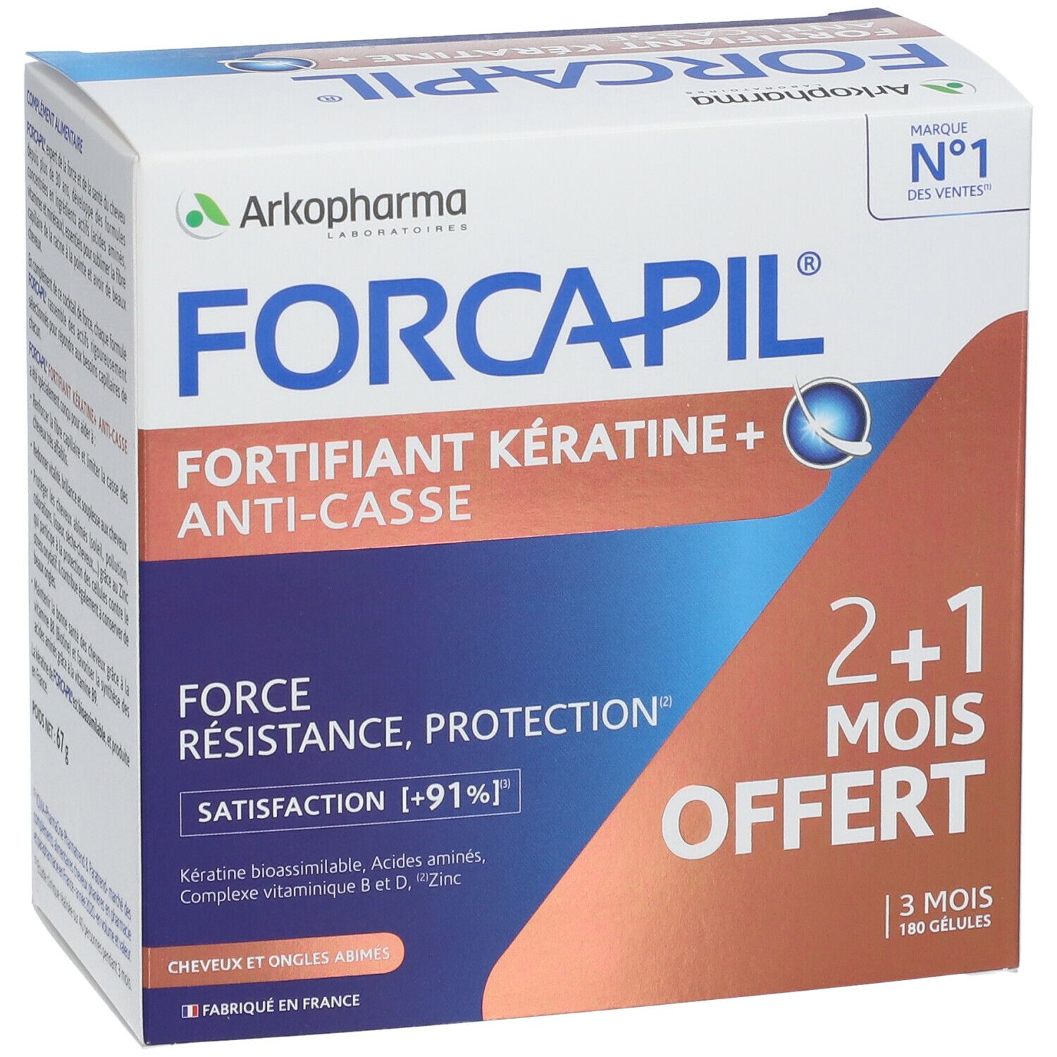 Schachtel Forcapil mit Logo und Text. Aufschrift: Fortifiant Kératine + Anti-casse. 2+1 gratis.