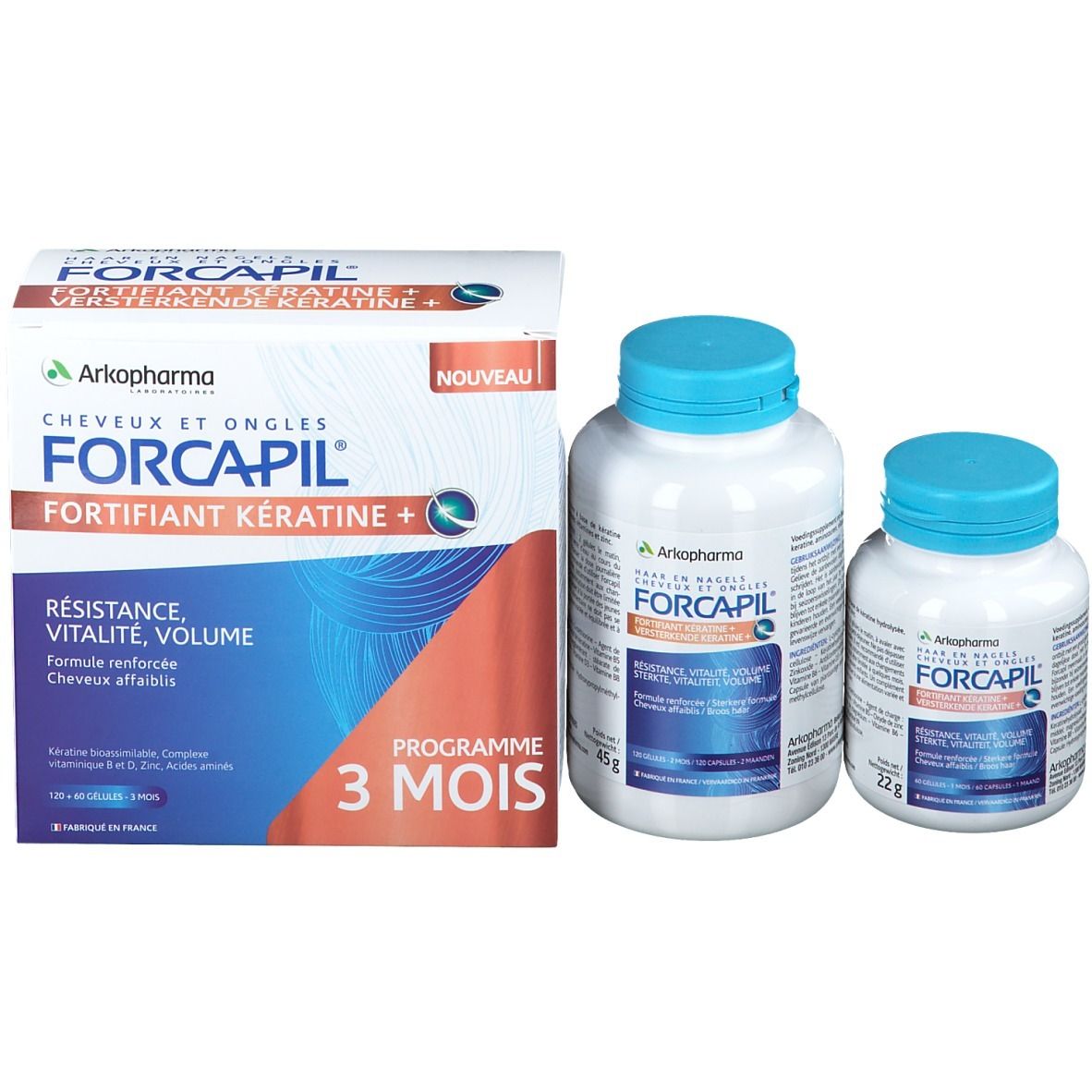 Forcapil-Packung mit Tablettenflaschen und Schachtel. Aufschrift: Fortifiant Kératine +.