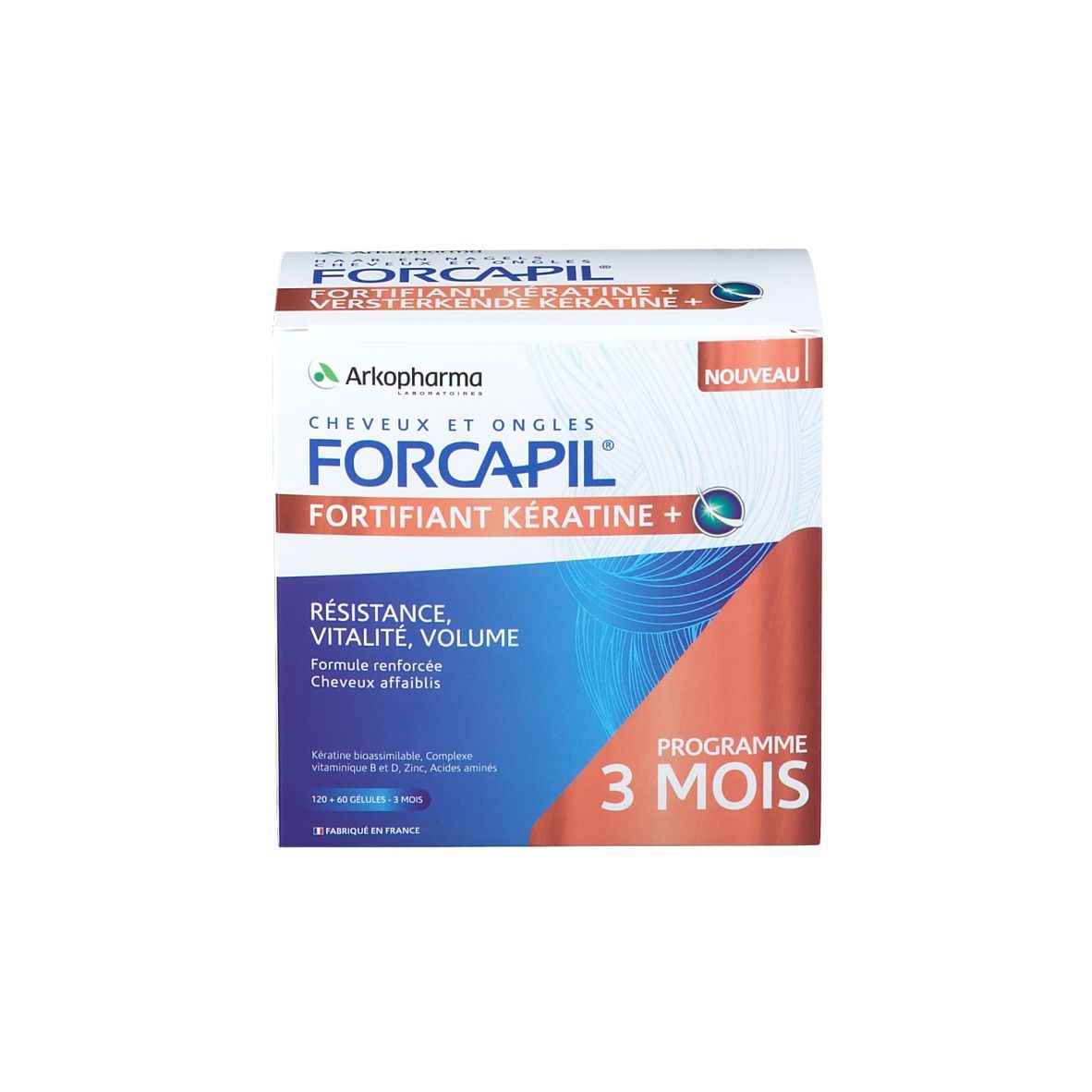 Forcapil-Schachtel mit Logo und Text. Aufschrift: Fortifiant Kératine +.