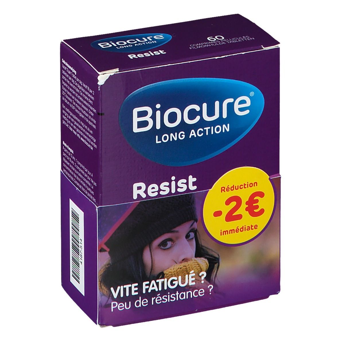 Paarse doos "Biocure Resist". Opschrift "Long Action", "60 comprimés pelliculés". Sticker "Réduction -2€ immédiate".