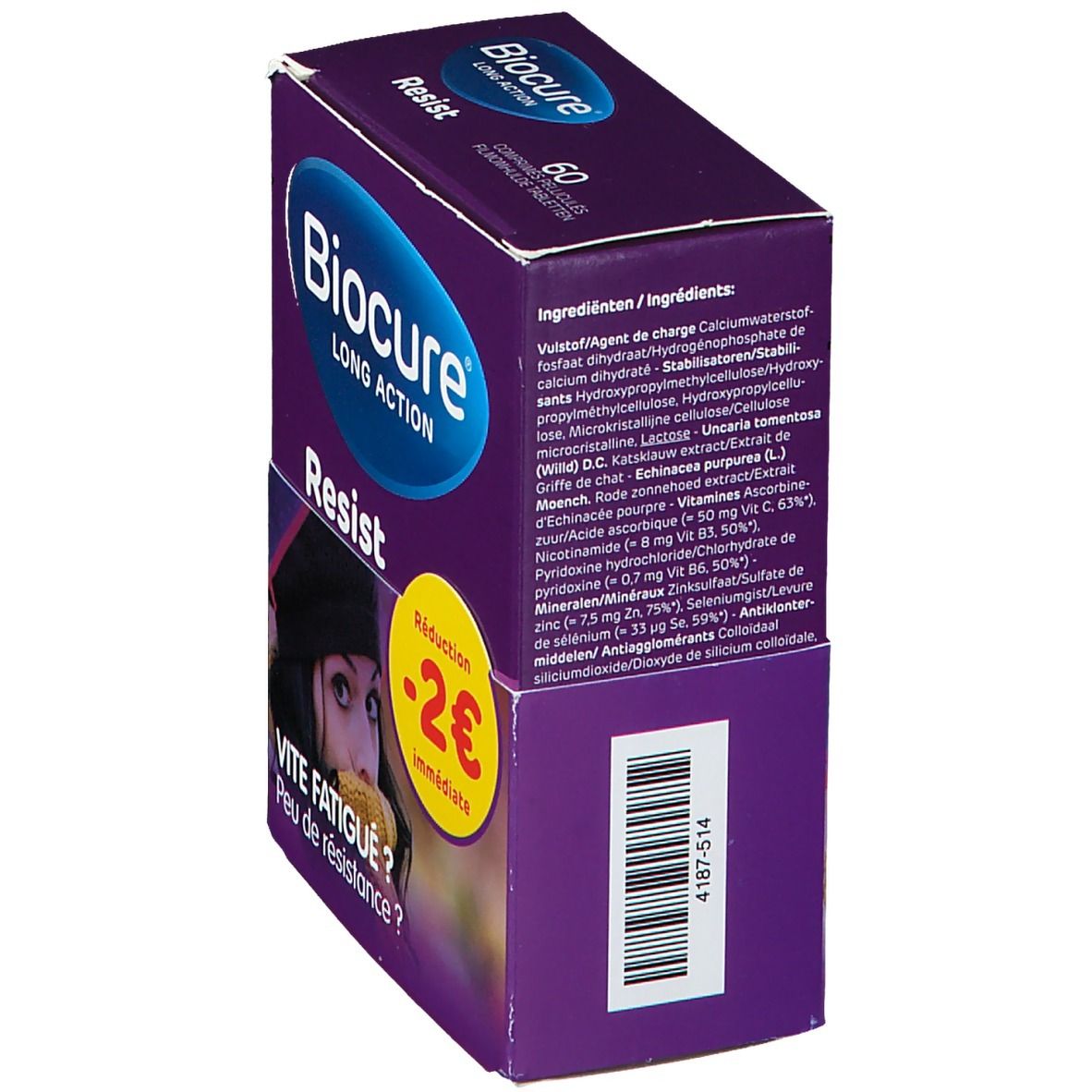 Paarse doos "Biocure Resist". Opschrift "Long Action", "60 comprimés pelliculés". Sticker "Réduction -2€ immédiate". Ingrediëntenlijst.