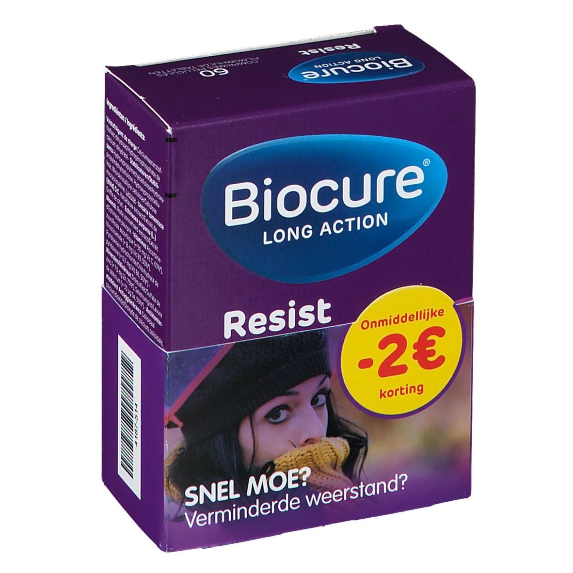 Paarse doos "Biocure Resist". Opschrift "Long Action", "60 comprimés pelliculés". Sticker "-2€ korting".