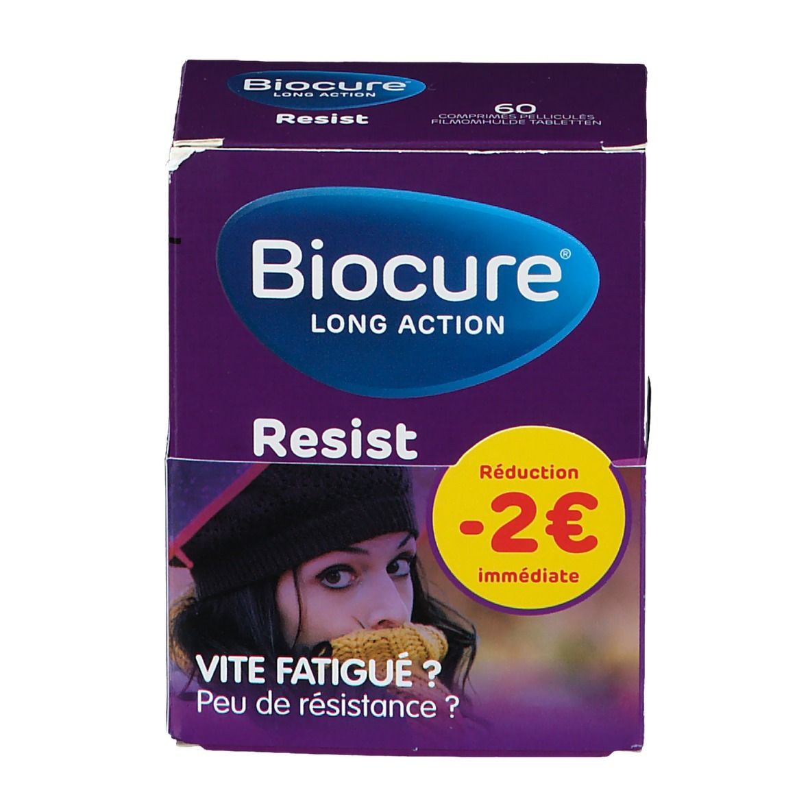 Paarse doos "Biocure Resist". Opschrift "Long Action", "60 comprimés pelliculés". Sticker "Réduction -2€ immédiate".