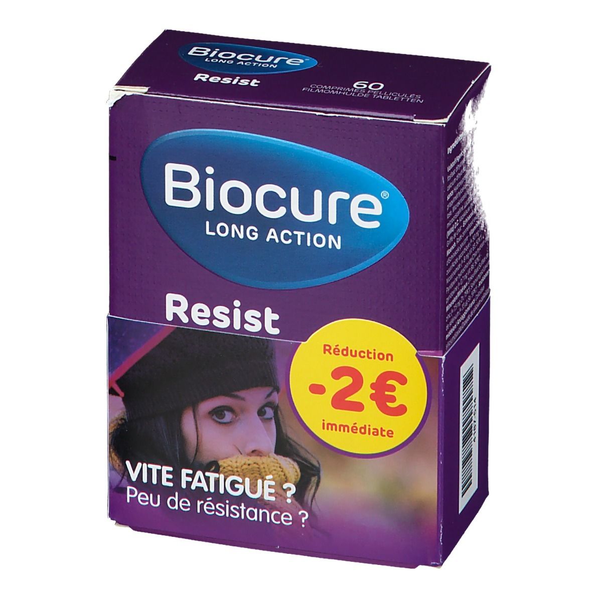 Paarse doos "Biocure Resist". Opschrift "Long Action", "60 comprimés pelliculés". Sticker "Réduction -2€ immédiate".