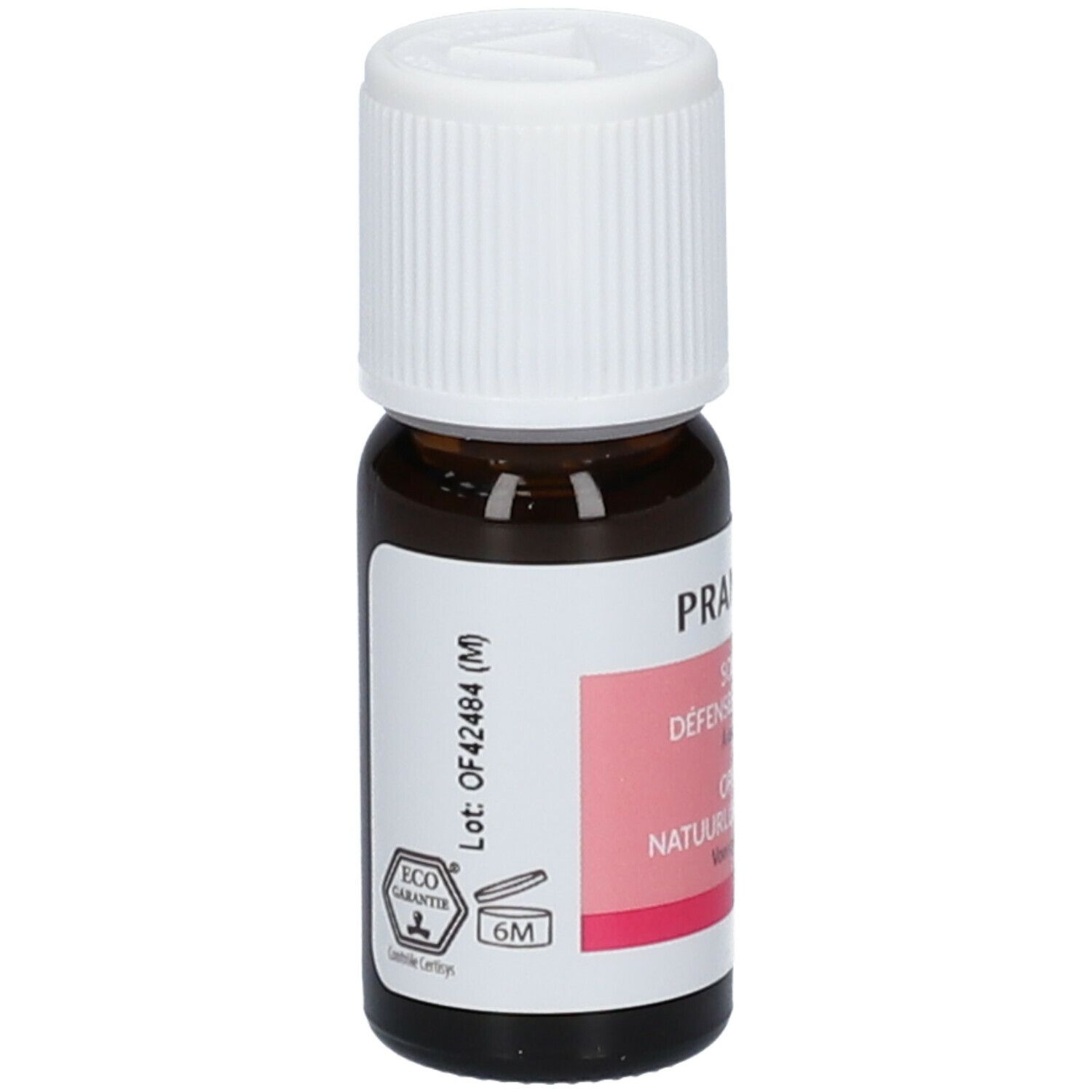 Flacon en verre brun avec bouchon blanc. Étiquette avec texte: Pranarôm, Solution Défenses Naturelles, à usage cutané, Oplossing natuurlijke weerstand. Eco Garantie.
