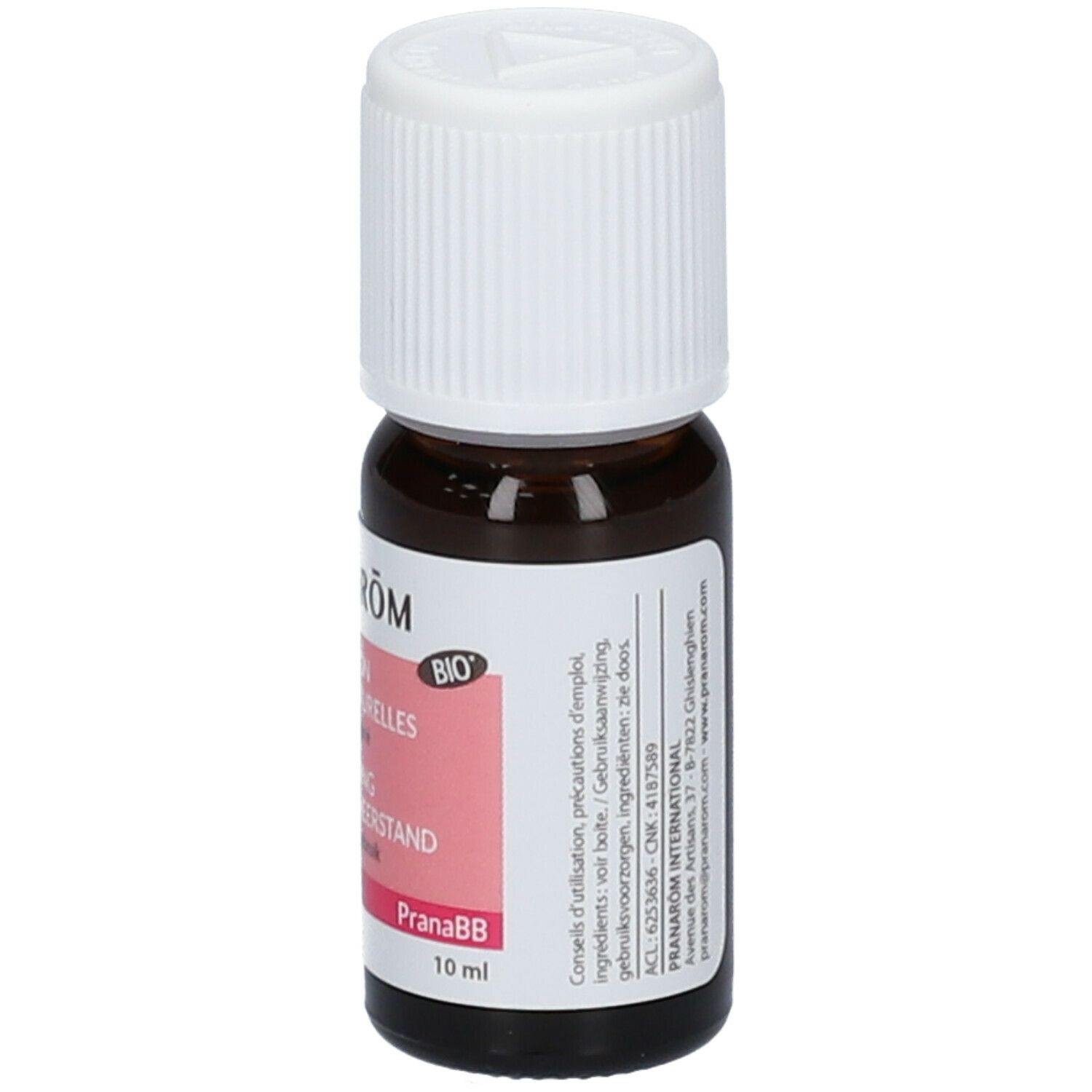 Flacon en verre brun avec bouchon blanc. Étiquette avec texte: Pranarôm, Solution Défenses Naturelles, à usage cutané, Oplossing natuurlijke weerstand. Bio.
