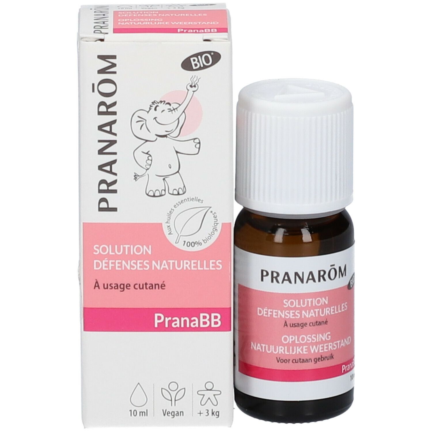 Emballage du produit avec flacon. Sur l'emballage: Pranarôm, Solution Défenses Naturelles, à usage cutané, Oplossing natuurlijke weerstand. Bio.