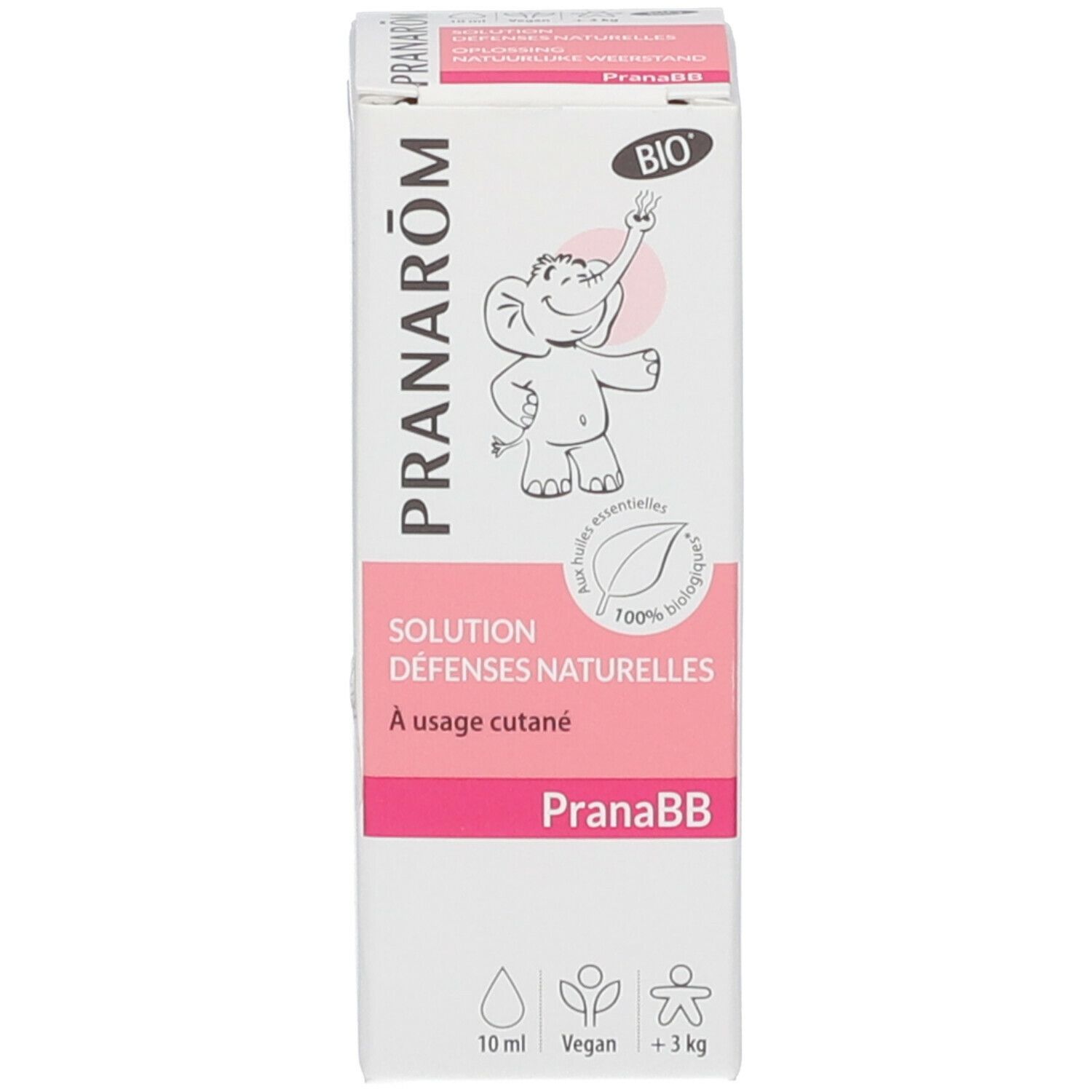 Emballage du produit avec flacon. Sur l'emballage: Pranarôm, Solution Défenses Naturelles, à usage cutané, Oplossing natuurlijke weerstand. Bio.