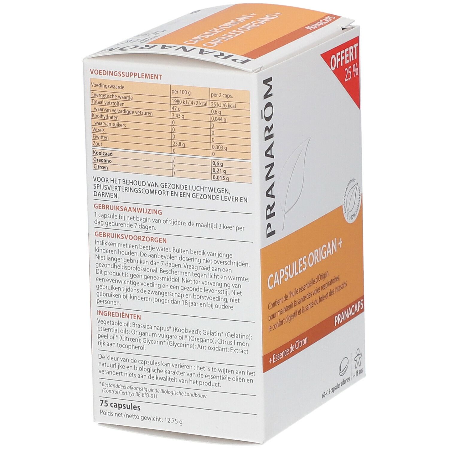 Boîte de gélules Pranarom Oregano +, en biais. Informations sur les ingrédients et la valeur nutritionnelle. Avec étiquette « Offert 25% ».