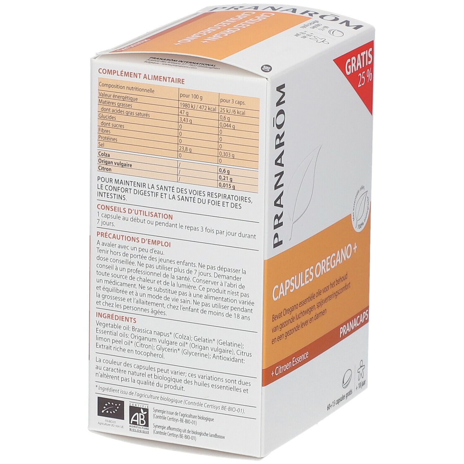 Boîte de gélules Pranarom Oregano +. Informations sur les ingrédients et la valeur nutritionnelle. Avec étiquette « GRATIS 25% ».