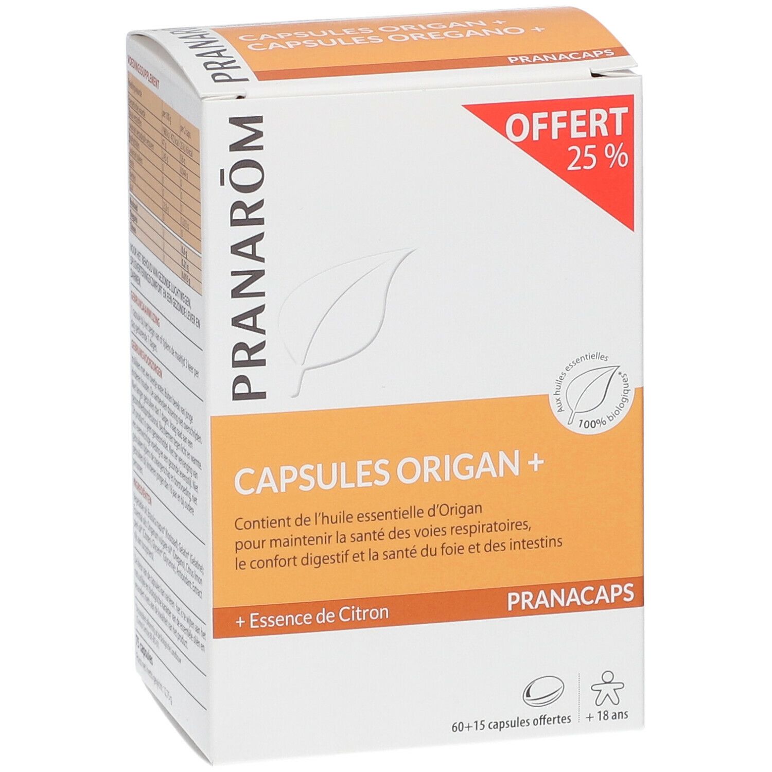 Boîte de gélules Pranarom Oregano +. Contient 60+15 gélules. Étiquette « Offert 25% ». Vue de face.